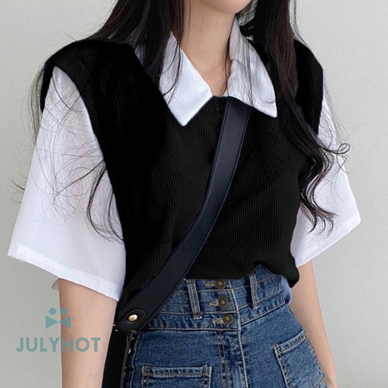 Mùa Hè Mát Mẻ Giả Hai Mảnh Ngắn Tay Áo T-Shirt Preppy Phong Cách Phụ Nữ Ve Áo Lỏng Lẻo Giản Dị T-Shirt VN