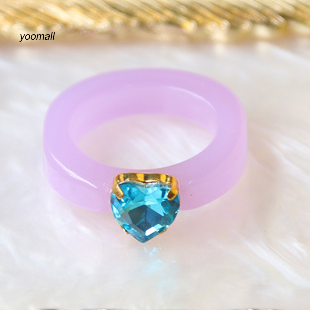 Yo / Nhẫn Resin Hình Trái Tim Đính Đá Màu Kẹo Ngọt Dễ Phối Đồ Cho Nữ
