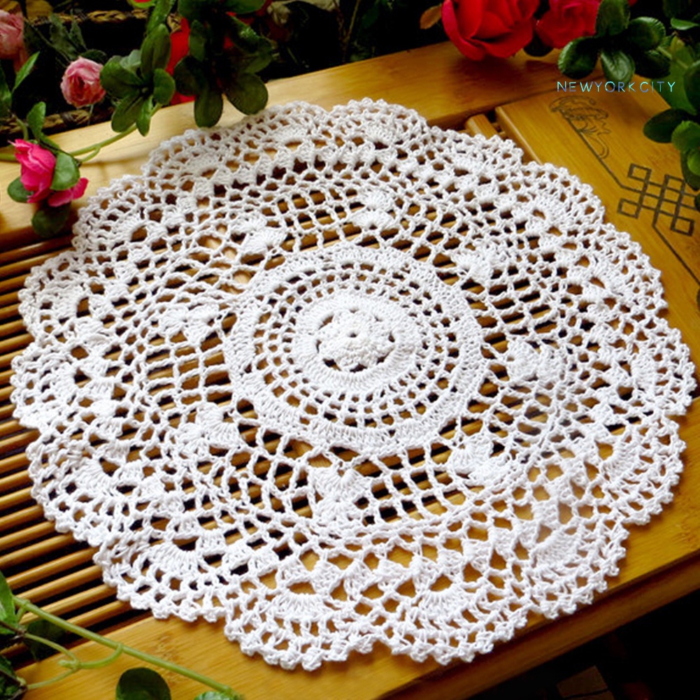 Tấm Lót Bàn Tròn Bằng Vải Cotton Phối Ren Handmade Chống Trượt Tiện Dụng