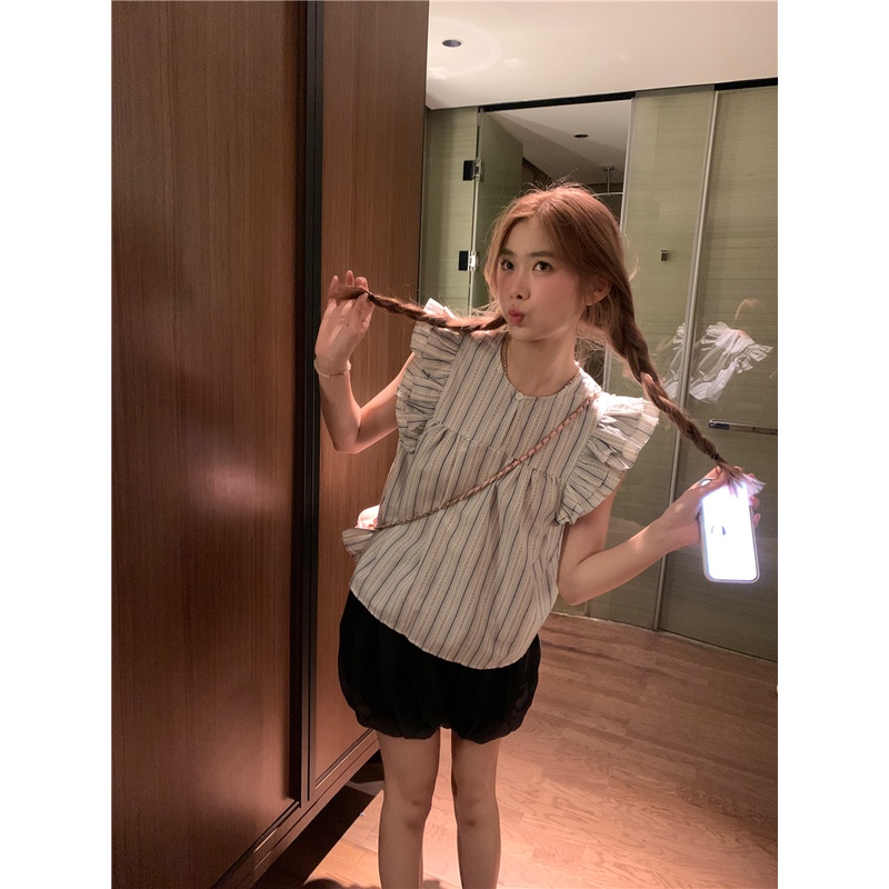 SUXI Áo Sơ Mi Tay Cánh Tiên Dáng Rộng Họa Tiết Kẻ Sọc Phong Cách Vintage Hàn Quốc