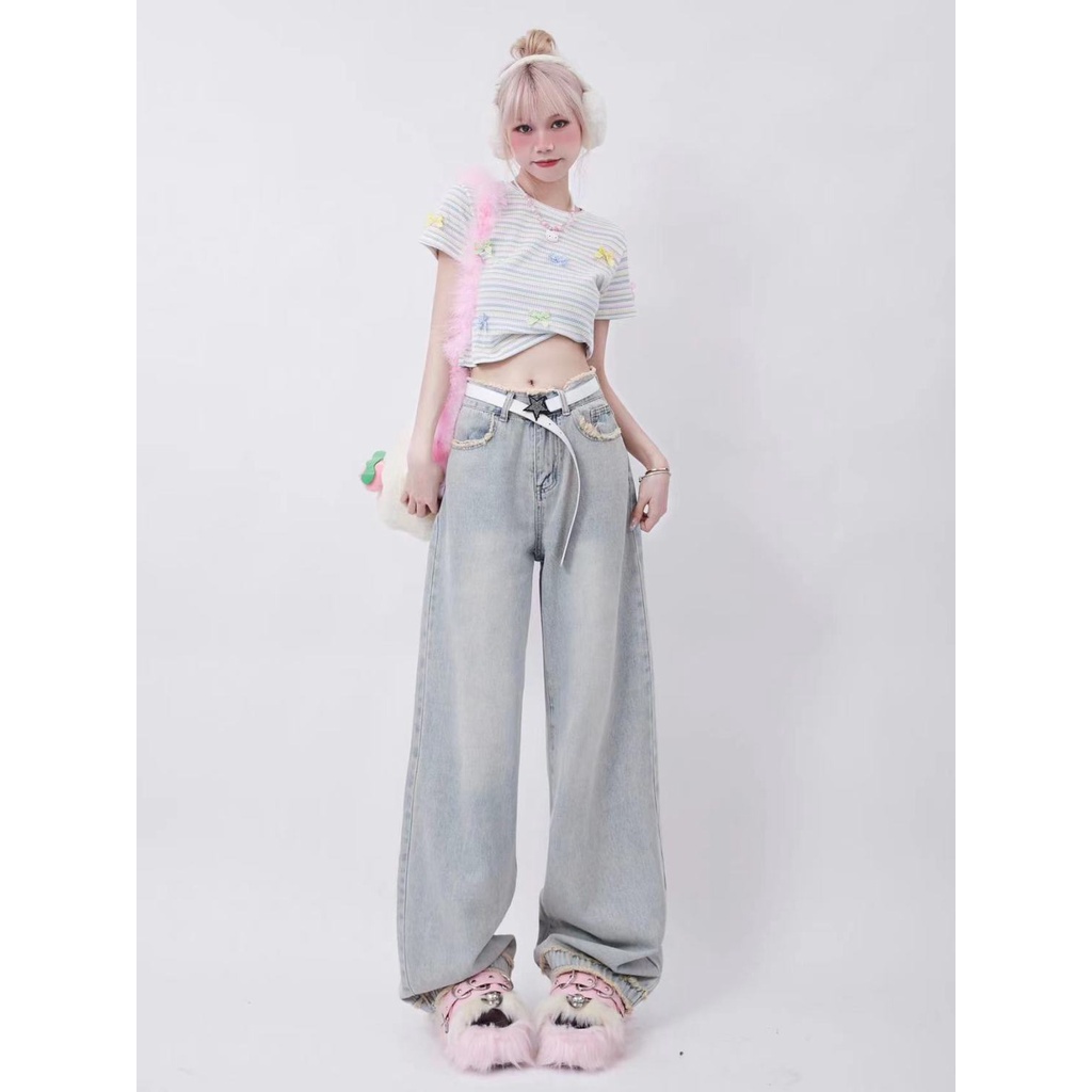 Quần Jean Ống Rộng Lưng Cao Màu Sắc Tươi Sáng Phong Cách Retro Mỹ Cho Nữ