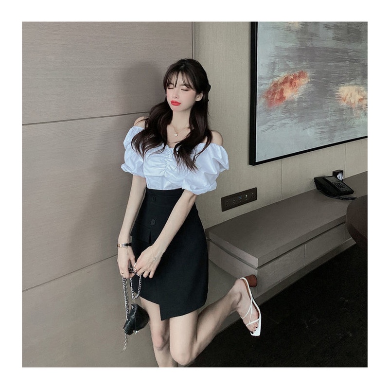 Bộ Áo Tay Phồng Trễ Vai + Chân Váy Ngắn Lệch Tà Thời Trang Mùa Hè 2023 Phong Cách Mới Cho Nữ
