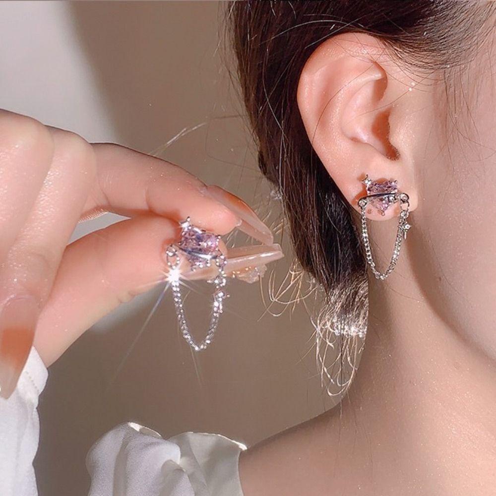 Khuyên Tai Hình Trái Tim Đính Đá Thời Trang Dành Cho Nữ|Khuyên Tai Chuỗi Xích Đính Nơ Không Gây Dị Ứng Làm Quà Tặng Kỷ