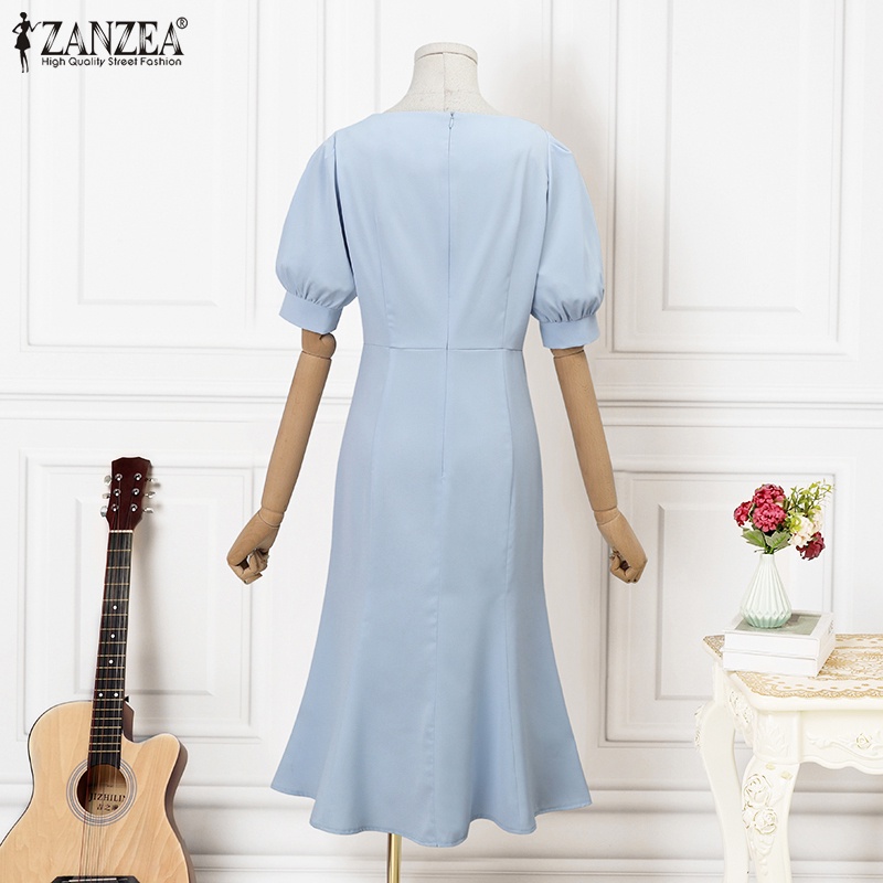 ZANZEA Đầm Đuôi Cá Cổ Vuông Tay Phồng Thời Trang Hàn Quốc Cho Nữ