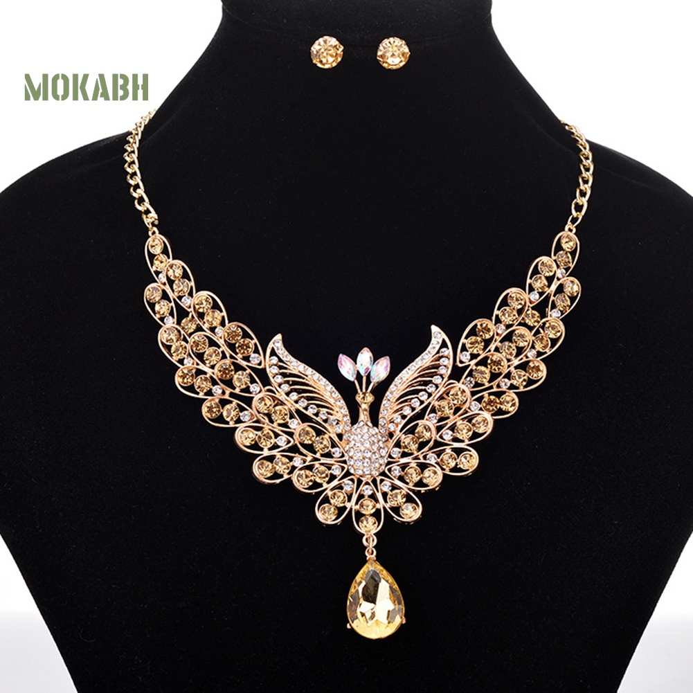 [Mok Abh] Bộ Vòng cổ + Bông Tai Hình Con Công Đính Kim Cương Giả Theo Phong Cách Retro