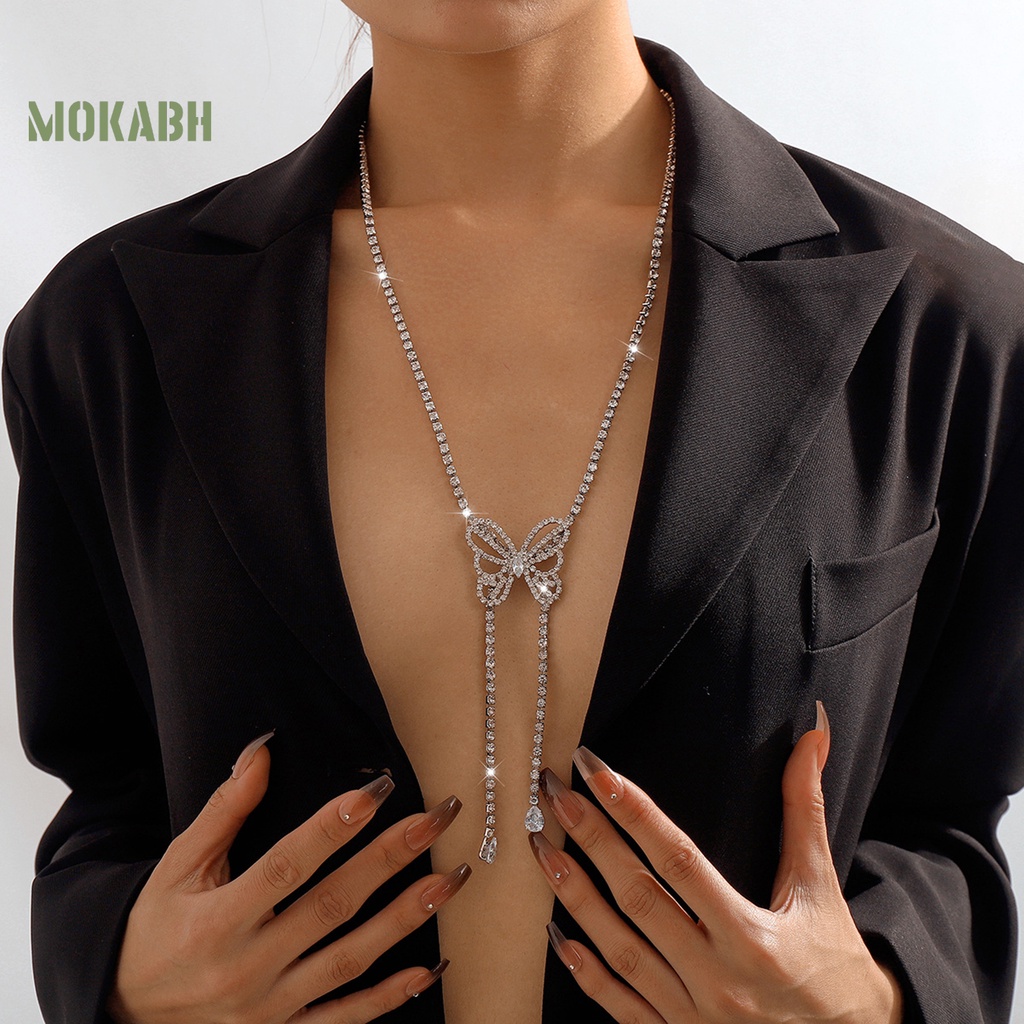 [Mok Abh] Vòng cổ Dáng Dài Hai Lớp Mặt Hình Bướm Đính Đá Phong Cách Retro Thanh Lịch