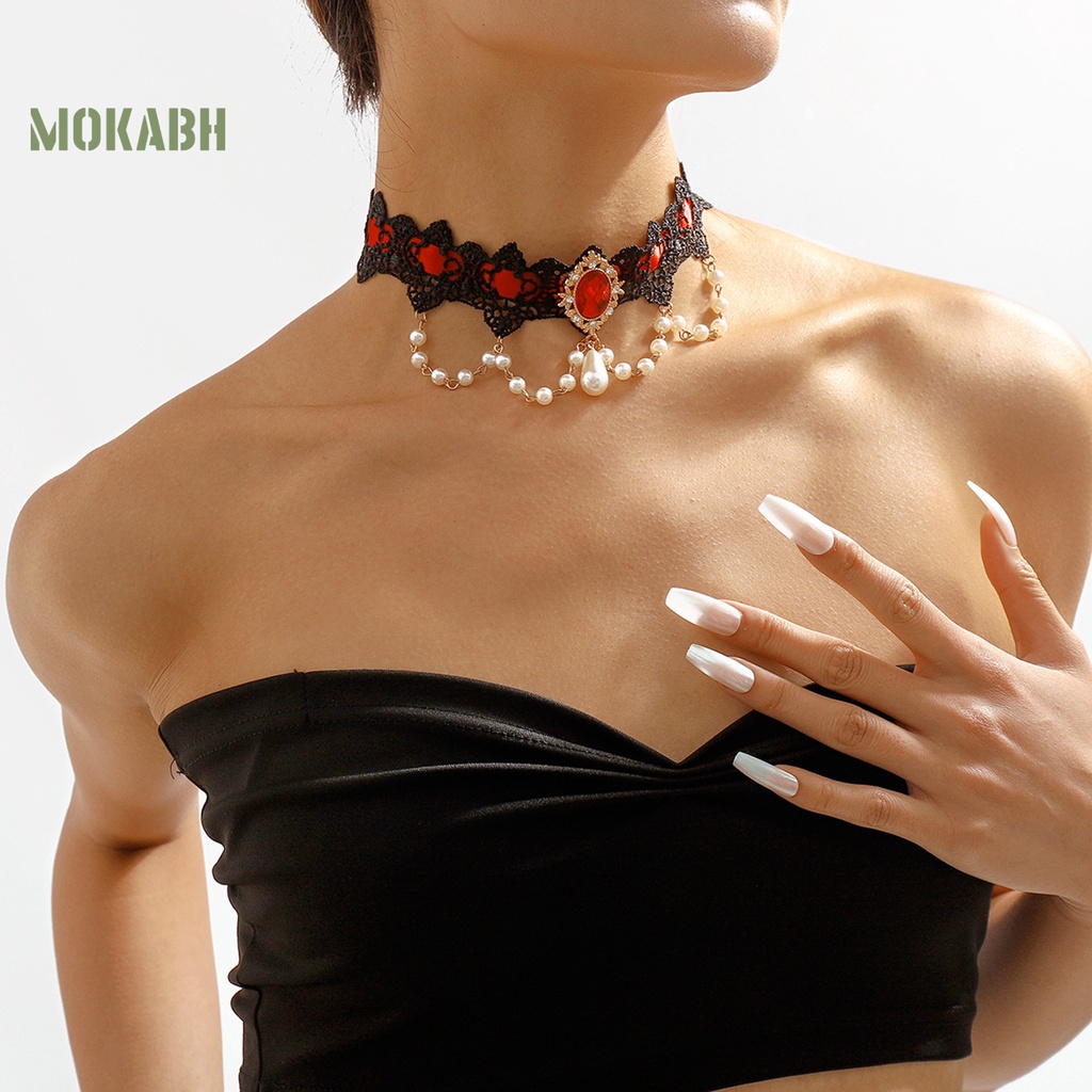 [Mok Abh] Vòng Cổ Choker Ren Hoa Đính Đá Giả Phong Cách Gothic Cổ Điển Cho Nữ