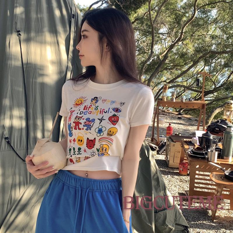 Áo Thun Croptop Tay Ngắn Cổ Tròn Dáng Ôm In Họa Tiết Hoạt Hình Thời Trang Đường Phố Cho Nữ