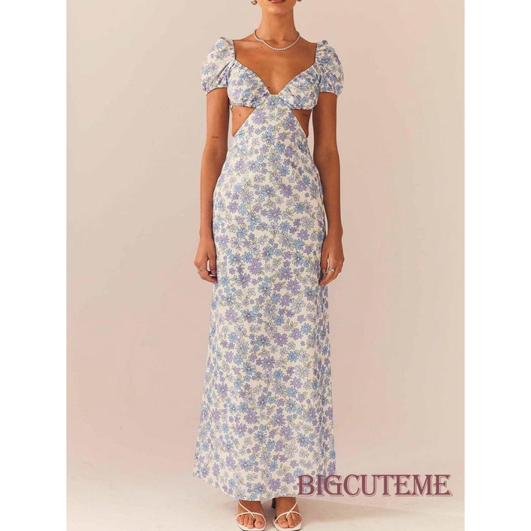 Đầm Dài Tay Ngắn Hở Lưng Họa Tiết Hoa Thời Trang Mùa Hè Cho Nữ