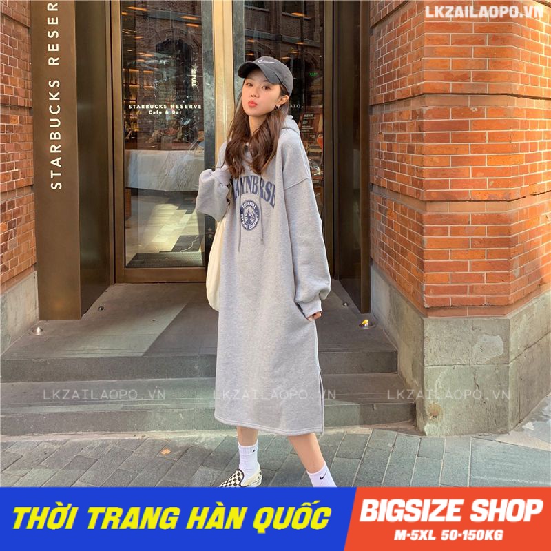 Váy đầm nữ Bigsize Đầm nỉ hoodie dáng suông tay dài Dày dặn mùa thu Phong cách Hàn Quốc Thời Trang đẹp