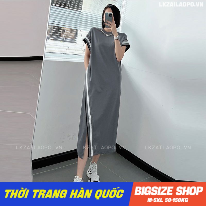 Váy đầm nữ Bigsize Đầm thun suông dài qua gối tay ngắn cổ tròn xẻ tà mùa hè Phong Cách hàn quốc đẹp Thanh Lịch cho nữ