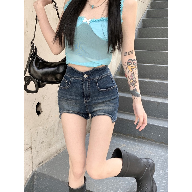 Quần Short Denim Lưng Cao Dáng Ôm Thiết Kế Lệch Tà Cá Tính