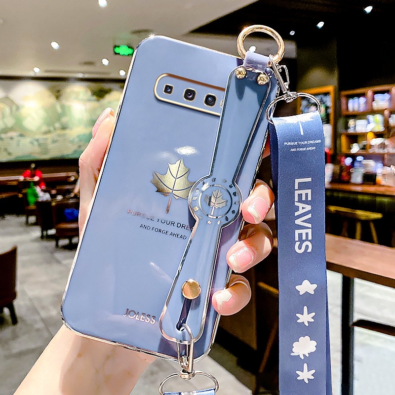 Ốp Điện Thoại Silicon Hình Chiếc Lá Phong Mạ Điện 6D Có Dây Đeo Cho Samsung S9 Plus S10 Plus