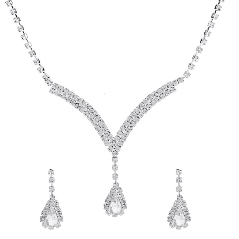 Ygt Set Vòng cổ Và Bông Tai Mạ Bạc Dáng Dài Đính Đá Hình Giọt Nước Thanh Lịch Cho Cô Dâu