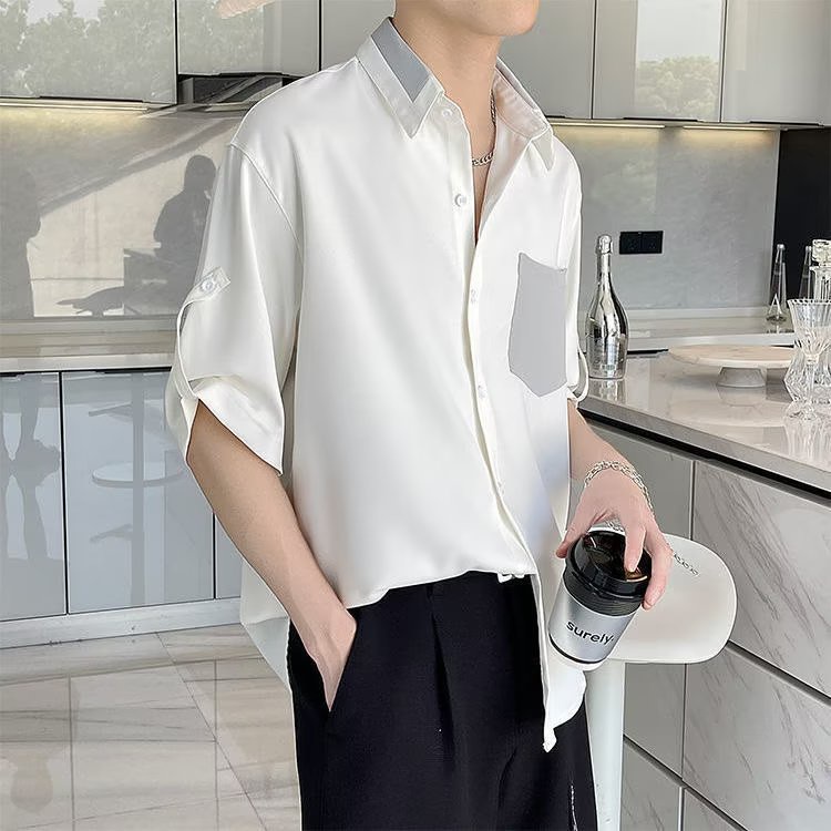 Áo Sơ Mi Lụa Lạnh Mỏng Dáng Rộng Tay Ngắn Màu Sắc Tương Phản Thời Trang Mùa Hè Cho Nam Giới