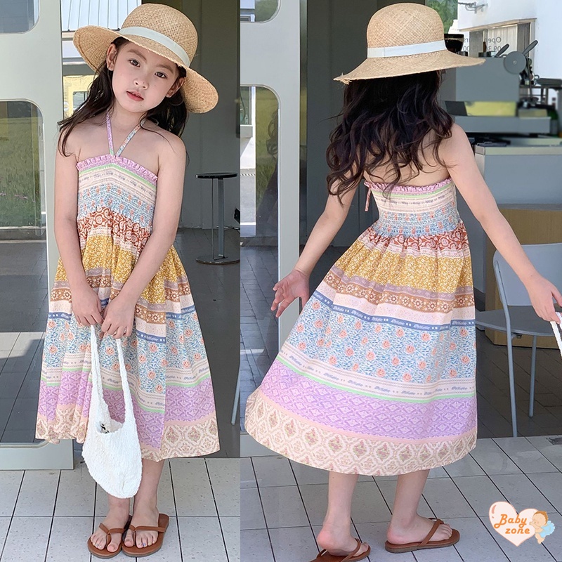 Korean Summer Girls' Ethnic Style Printed Pleated Drawstring Dress Children Baby Girl Seaside Vacation Style Beach Dress