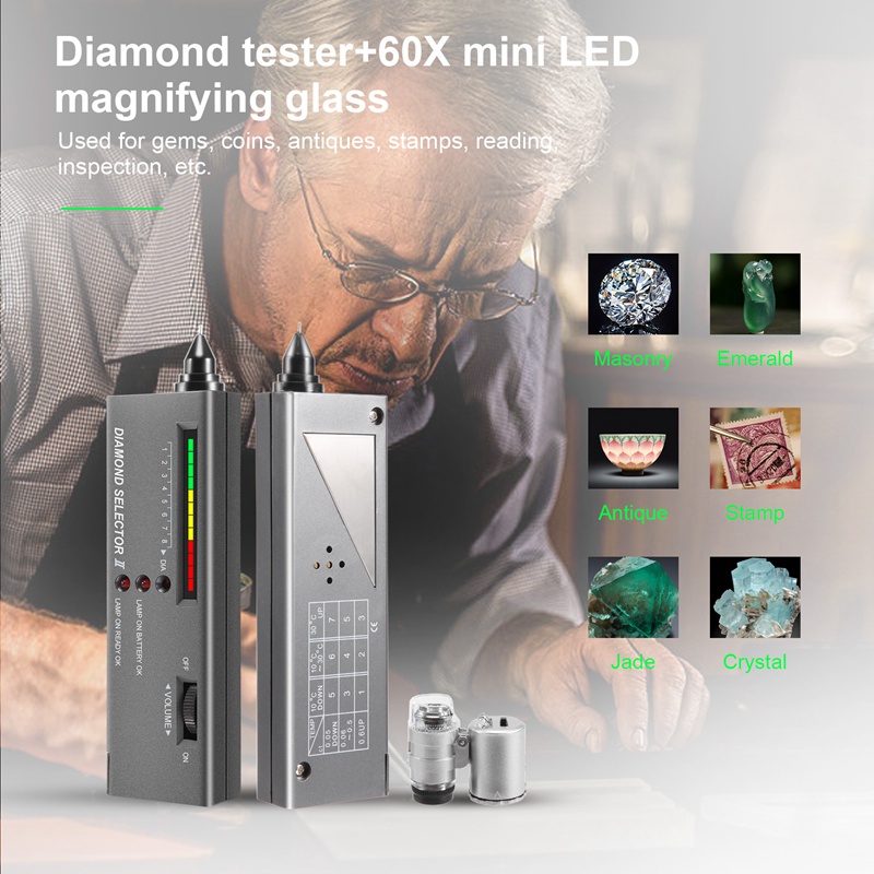 Bút Kiểm Tra Kim Cương Độ Chính Xác Cao + Kính Lúp Phóng Đại 60X Mini Có Đèn LED Chuyên Nghiệp