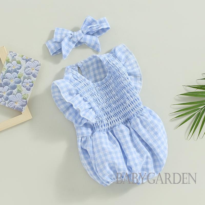 Bộ Áo Liền Quần Tay Ngắn Cổ Thuyền Họa Tiết Sọc Caro + Băng Đô Cài Tóc Thời Trang Mùa Hè Cho Bé Gái 0-18 Tháng Tuổi