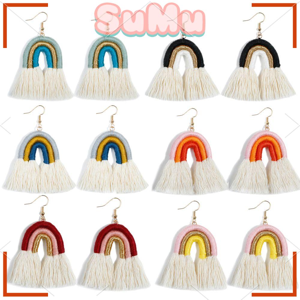 SUMU Bông Tai Dạng Dài Phối Tua Rua Màu Cầu Vồng Thời Trang Cho Nữ