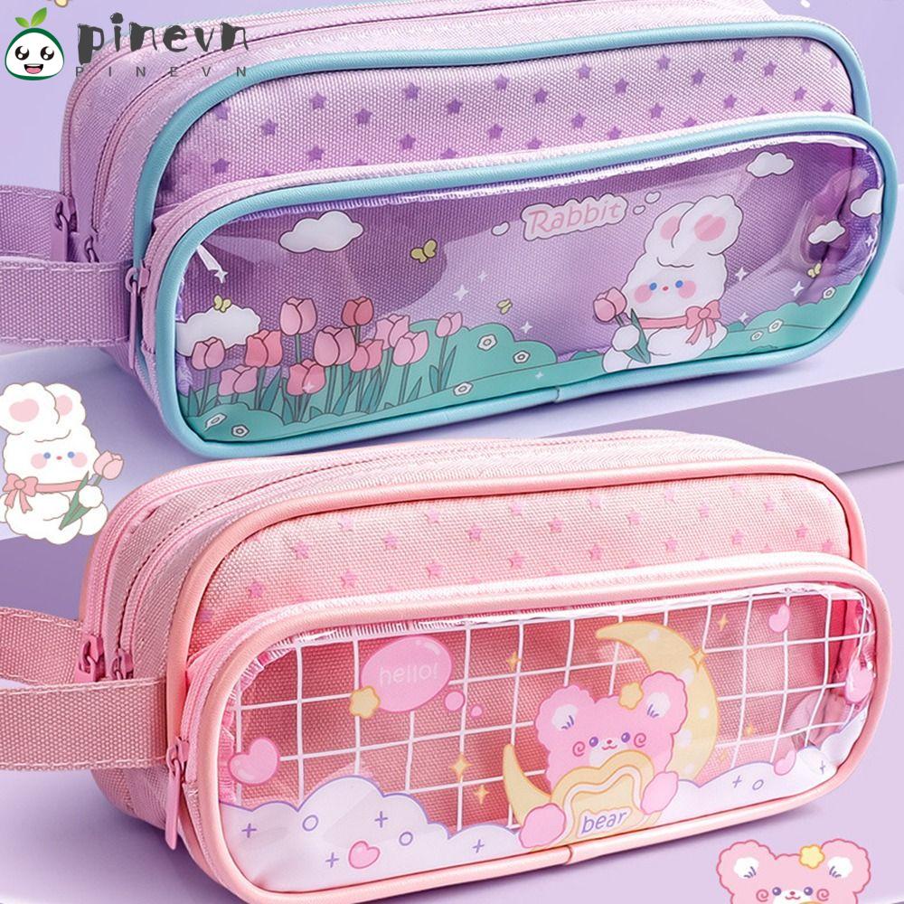 PINEVN Túi Đựng Bút Chì / Mỹ Phẩm Ba Ngăn Trong Suốt Hình Vuông Phối Khóa Kéo Họa Tiết Hoạt