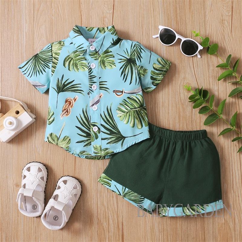 Set Áo Thun Tay Ngắn &amp; Quần Short In Hình Lá Cho Bé Trai 3-18 Tháng Tuổi