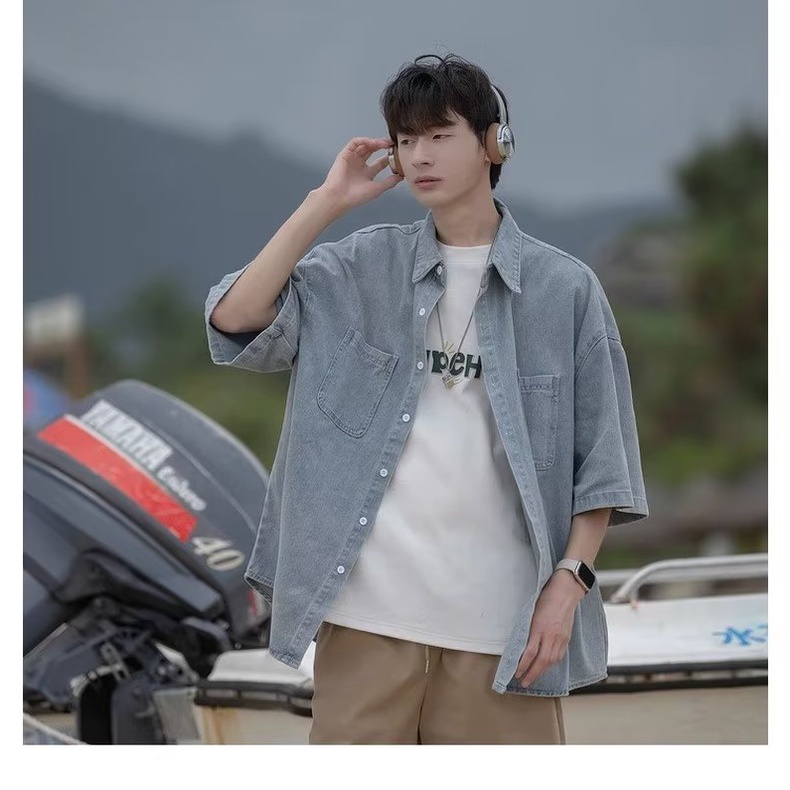 Áo Sơ Mi Denim Tay Ngắn Dáng Rộng Phong Cách Retro Nhật Bản Cao Cấp Thời Trang Mùa Hè Cho Nam