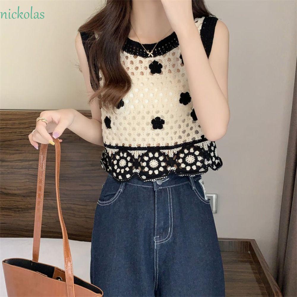 NICKOLAS Áo Croptop Sát Nách Dệt Kim Vải Cotton In Hoa Kiểu Hàn Quốc Dễ Thương