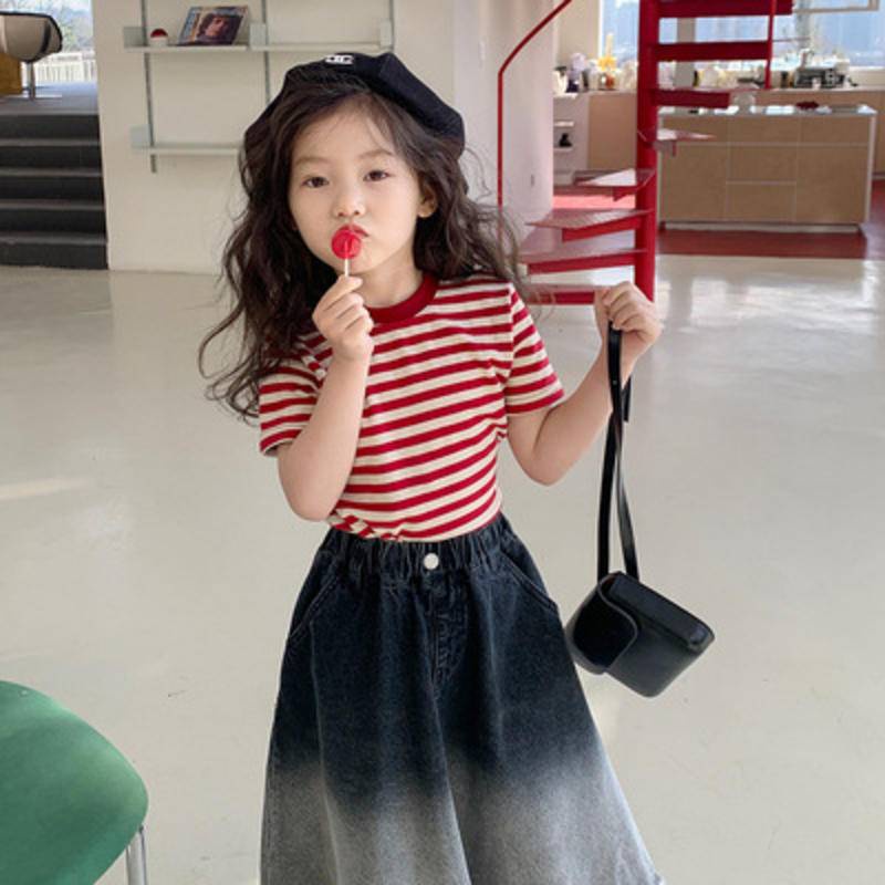 Áo Thun Cotton Cổ Tròn Tay Ngắn Họa Tiết Kẻ Sọc Thời Trang Mùa Hè 2023 Cho Bé Gái