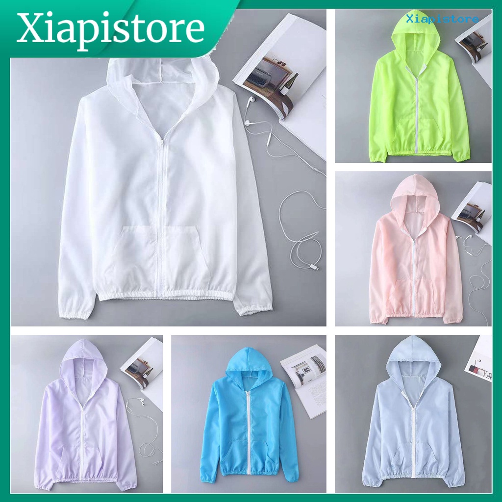 [XI] Áo Khoác Chống Nắng Tay Dài Có Mũ Trùm Đầu Màu Trơn Siêu Mỏng Phối Khóa Kéo Unisex
