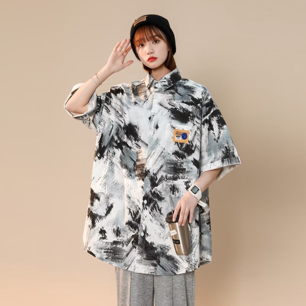 Áo Sơ Mi Tay Ngắn Dáng Rộng Họa Tiết Màu Nhuộm Thời Trang Đi Biển Cho Nam Giới Size M-8XL