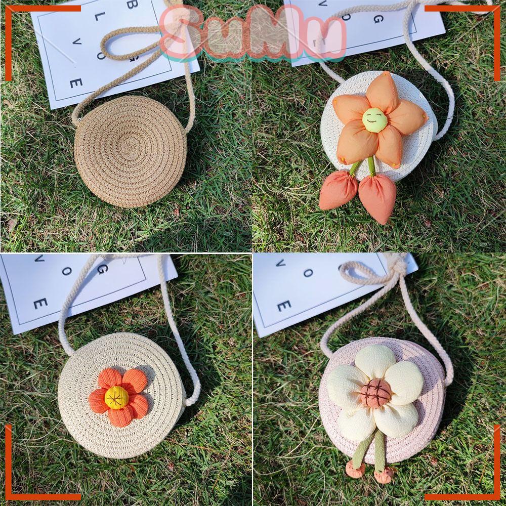 SUMU 1 Túi Cói Đeo Chéo Đính Hoa Đáng Yêu Cho Bé Gái