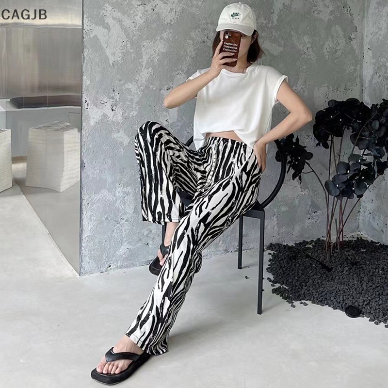 Quần Dài Ống Rộng Thẳng Dây Rút Co Giãn Họa Tiết Ngựa Vằn Đường Phố Cho Nữ YOMG