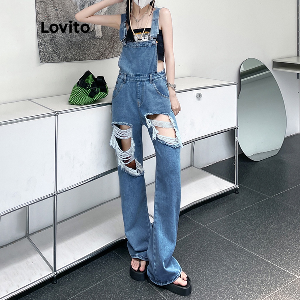 Jumpsuit LOVITO denim có túi thiết kế rách lỗ màu trơn thường ngày dành cho nữ L45AD068 (màu xanh dương)