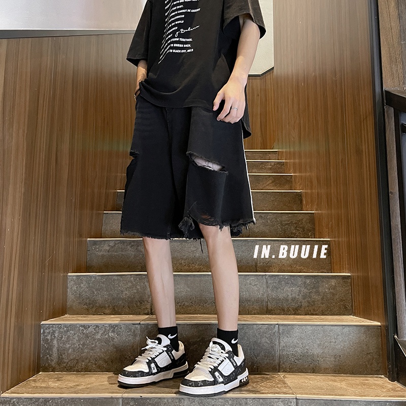 Quần Short Denim Dáng Rộng Phối Rách Kiểu Retro Mỹ Thời Trang Mùa Hè Cho Nam