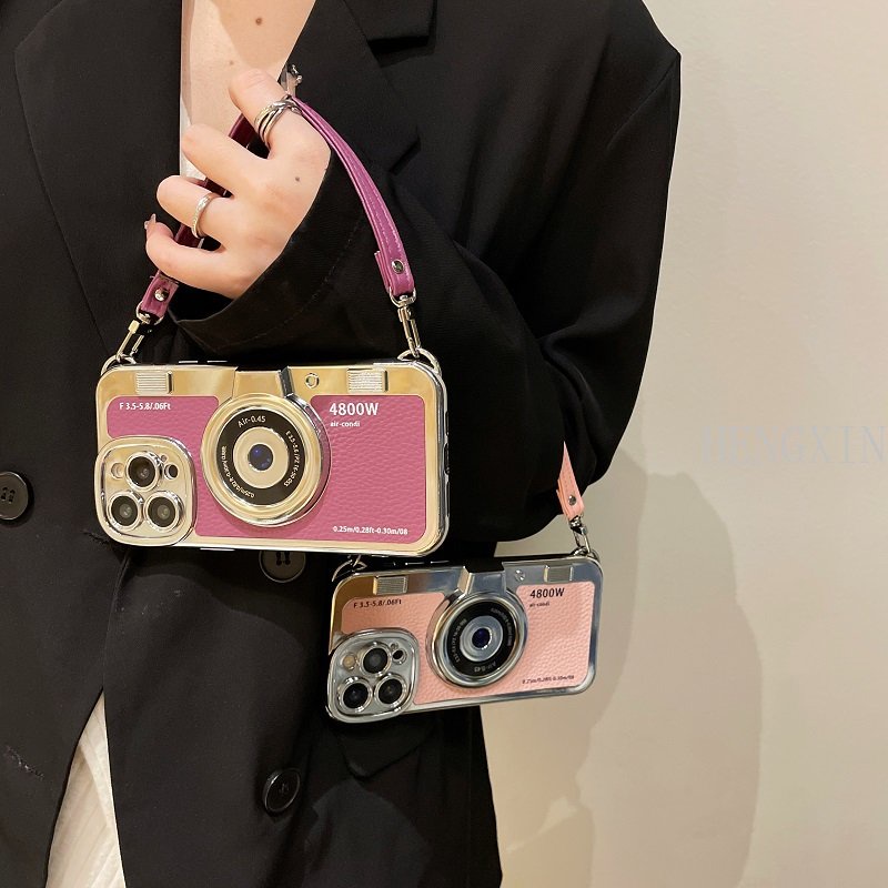 Creative and Personalized 3D Electroplated Camera Leather Hand Starp Phone Case Suitable for iPhone 15 Pro Max 11 12 13 14 Pro Max 14 Plus Shockproof Full Case