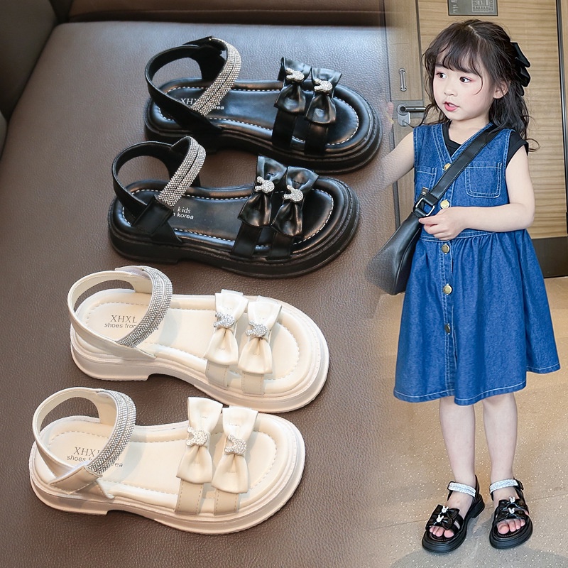 Sandal bé gái 2-12T da mềm 2 quai đính đá,dép quai hậu bé gái đính nơ kèm 2 tag gấu đá siêu xinh Hàng Quảng Châu cao cấp