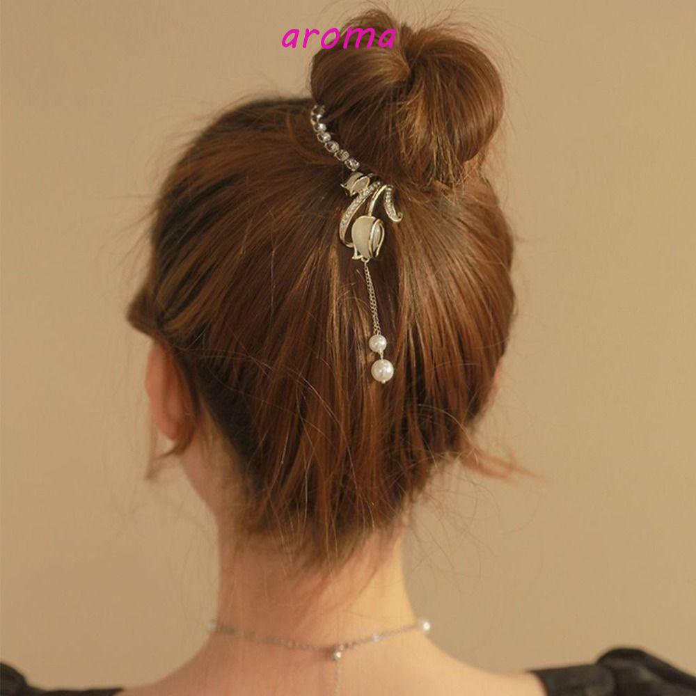 AROMA Kẹp Tóc Đuôi Ngựa Hình Hoa Tulip / Cá Mập Phối Tua Rua Phong Cách Hàn Quốc Thanh Lịch Cho Nữ