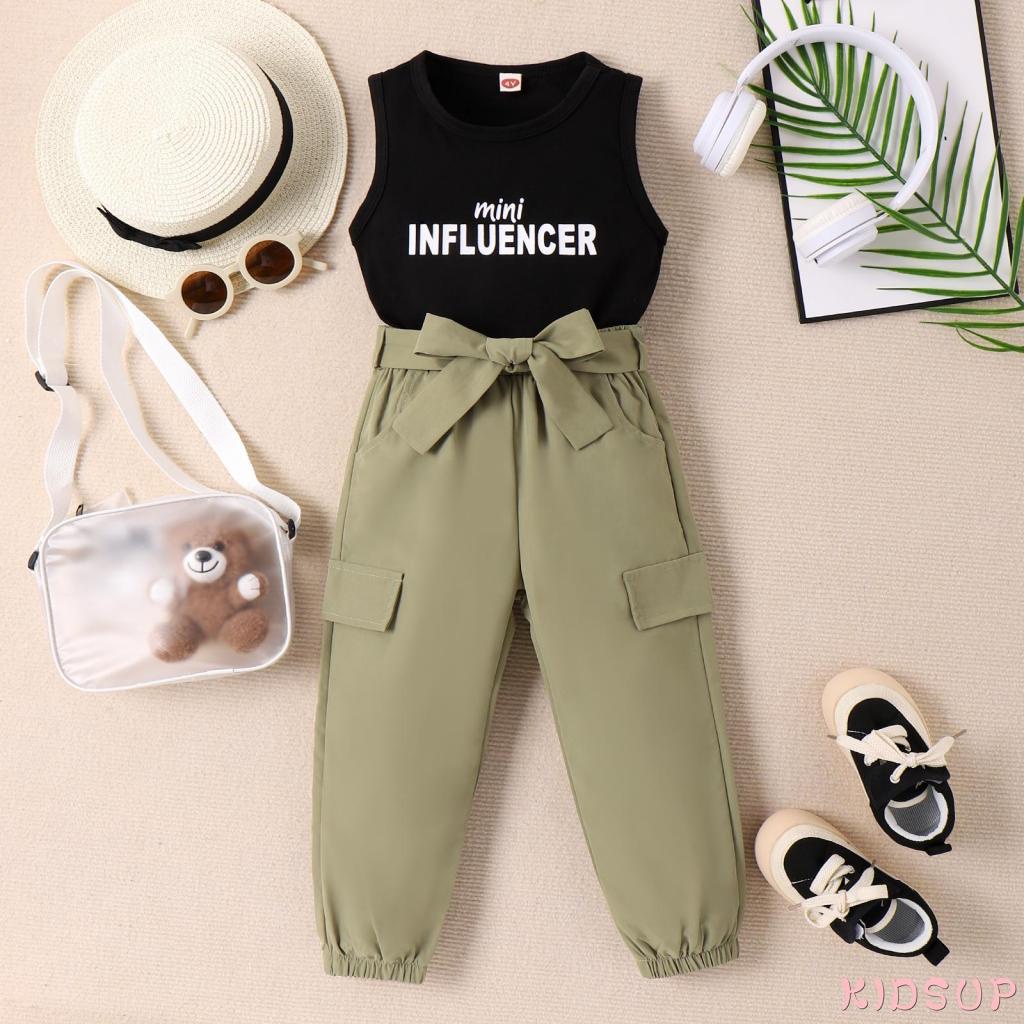 Set Đồ Mùa Hè 2 Món Gồm Áo Ba Lỗ Cổ Tròn In Chữ + Quần In Họa Tiết Kèm Thắt Lưng Cho Bé Trai / Gái