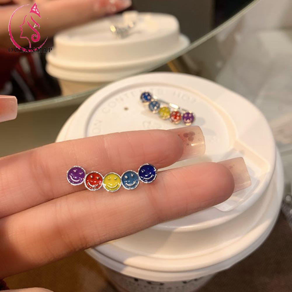 OCEANMAP Khuyên Kẹp Vành Tai Hình Mặt Cười Màu Cầu Vồng Tráng Men Đơn Giản Ngọt Ngào Phong Cách Hàn