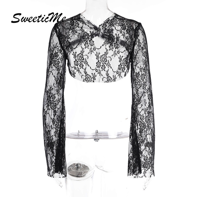 Áo Thun Tay Dài Dáng Ôm Màu Trơn Phối Ren Lưới Thời Trang 2023 Quyến Rũ Cho Nữ