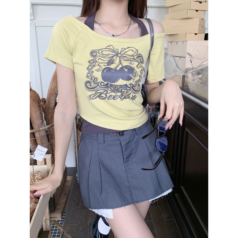 Áo Thun Ngắn Tay Giả Hai Lớp Màu Sắc Tương Phản Phong Cách Retro Mỹ Cho Nữ