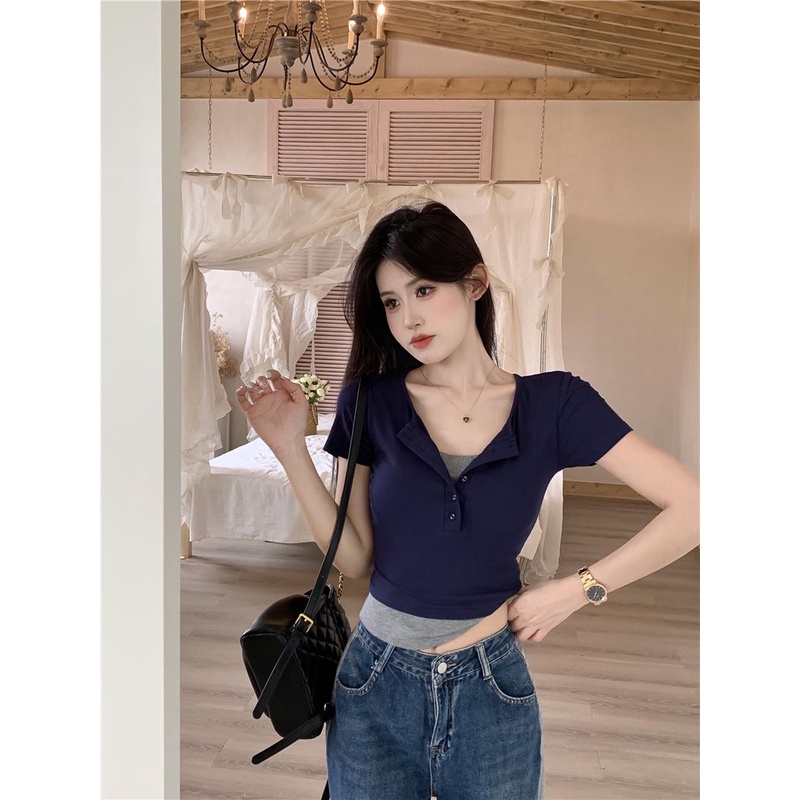 Áo Thun Ngắn Tay Giả Hai Lớp Phong Cách Retro Nữ Tính