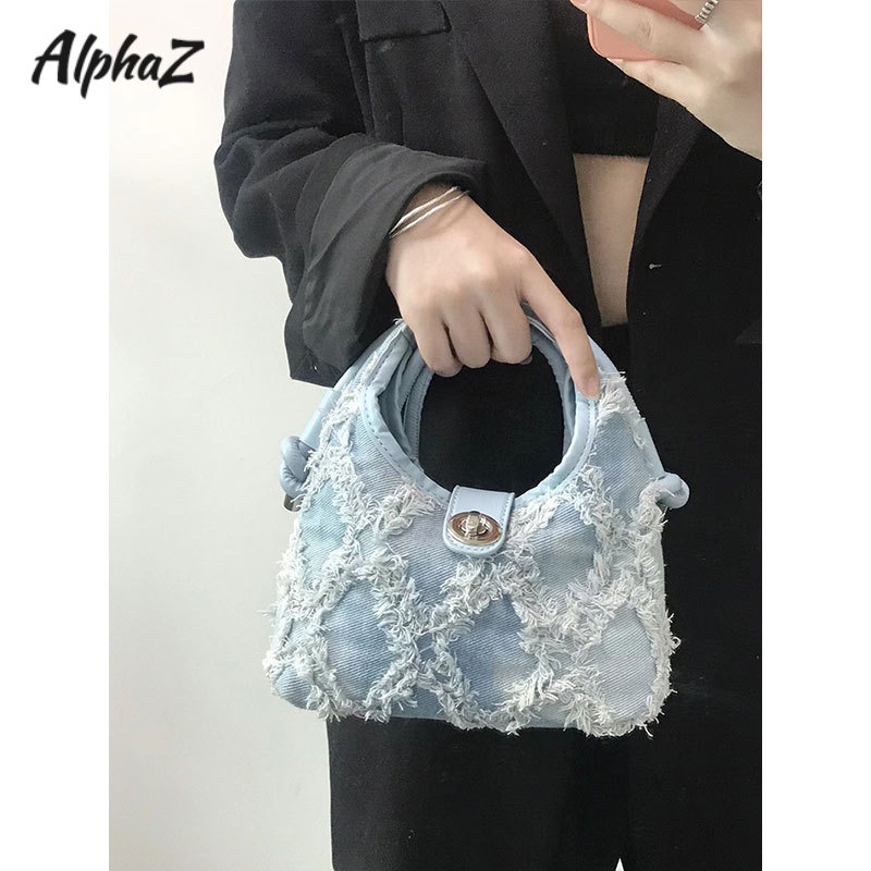 Túi Đeo Vai AlphaZ y2k Chất Liệu Denim Phối Tua Rua Đơn Giản Phong Cách retro