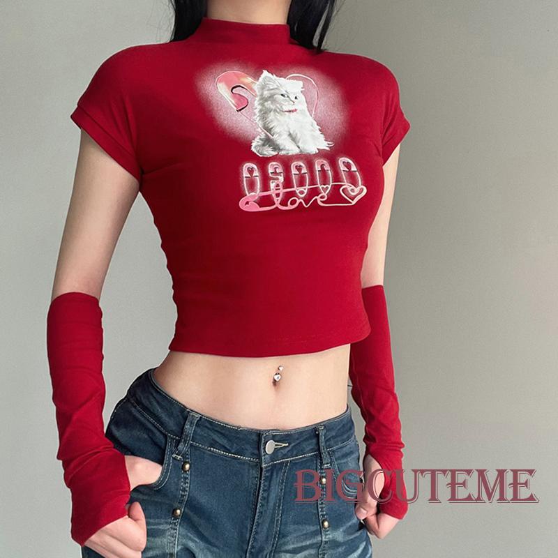 Áo Thun Lửng Tay Ngắn Cổ Cao In Hình Mèo Thời Trang Cho Nữ