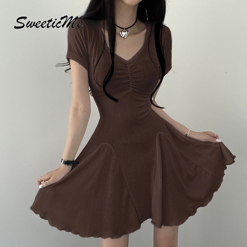 Đầm Tay Ngắn Cổ Chữ V Màu Trơn Dáng Ôm Thời Trang 2023 Dành Cho Nữ