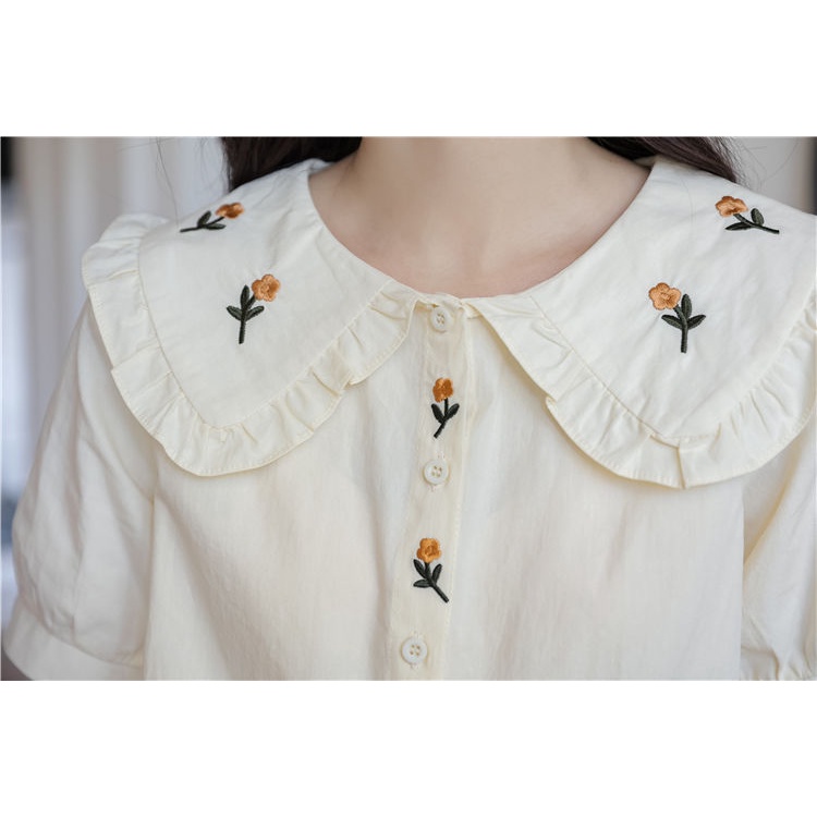 Búp bê cổ bong bóng tay áo thêu cho phụ nữ Pháp Vintage College Wind Top