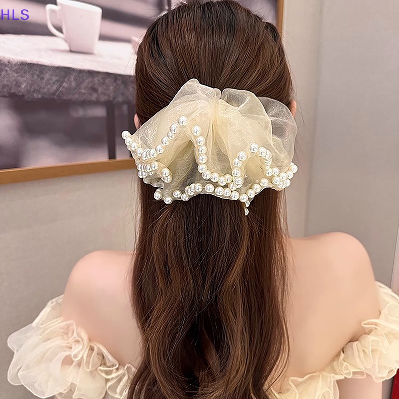 Dây Cột Tóc Lưới Đính Hạt Ngọc Trai Phong Cách Hàn Quốc Cho Nữ