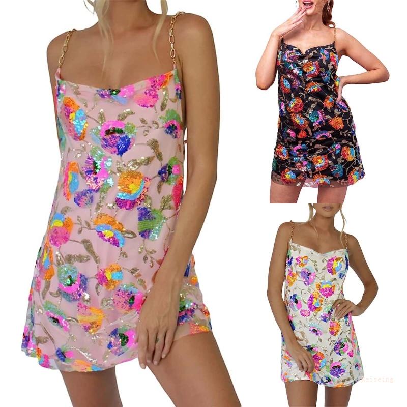 Đầm Chữ A Ngắn Không Tay Cổ Vuông Hở Lưng Đính Kim Sa Lấp Lánh Dành Cho Nữ