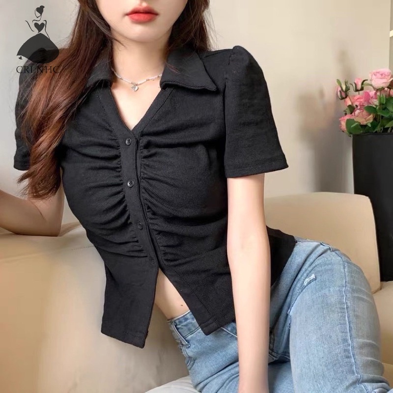 Áo Sơ Mi Tay Ngắn Dáng Ôm Màu Trơn Thời Trang Cho Nữ