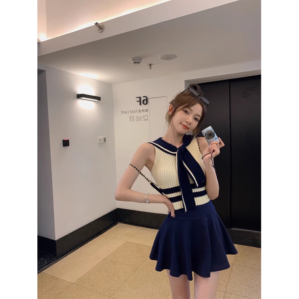 Balamy Áo Dệt Kim Cột Dây Màu Xanh Navy Phong Cách Preppy Thời Trang Mùa Hè Kiểu Mới Cho Nữ